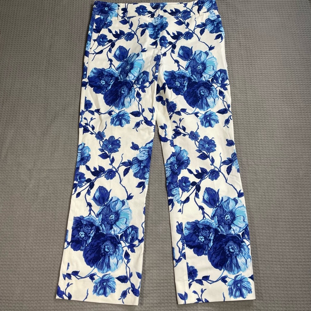 Tory Burch Kara Floral Pants‎ 6 Womens Rosemont Blue Cream Ankle Twill
